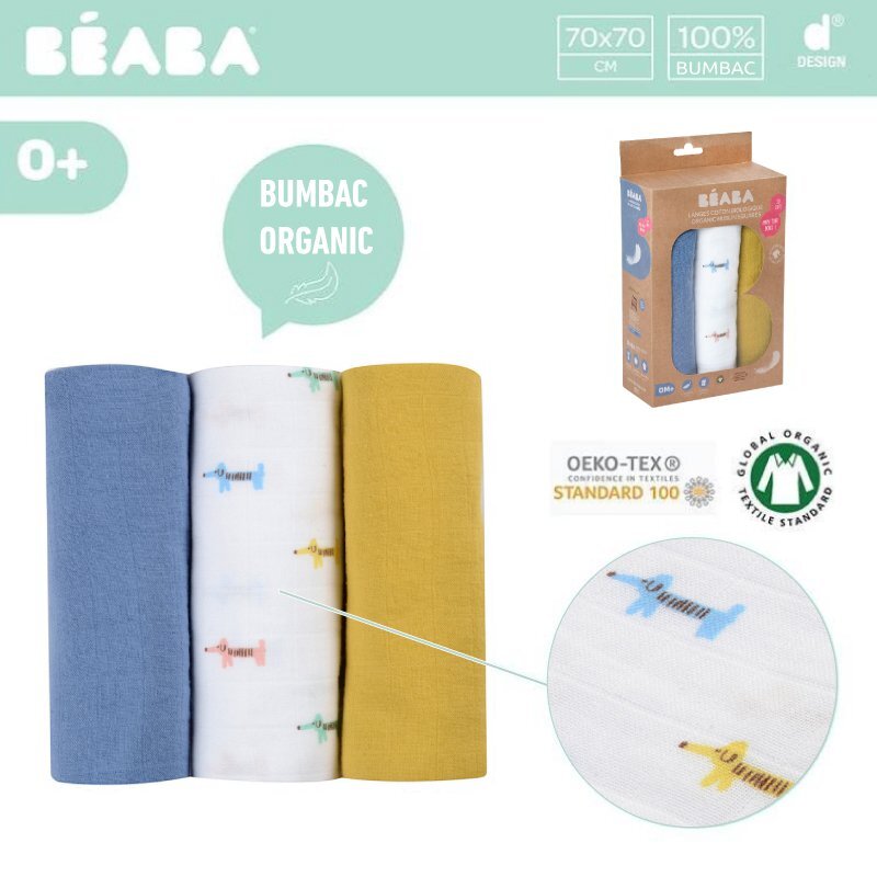 BEABA Set 3 museline bumbac organic 70x70 cm teckel beige