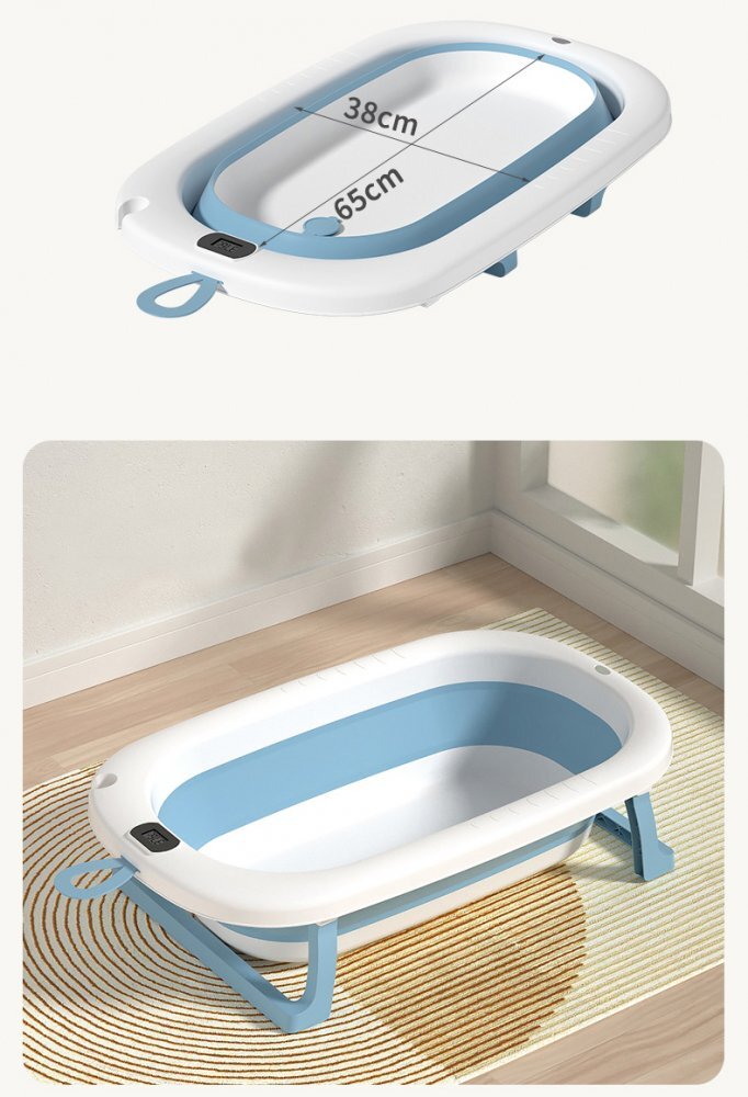 Bebe Royal Cadita pliabila pentru bebelusi Blue 76 cm cu termometru digital si dop de scurgere
