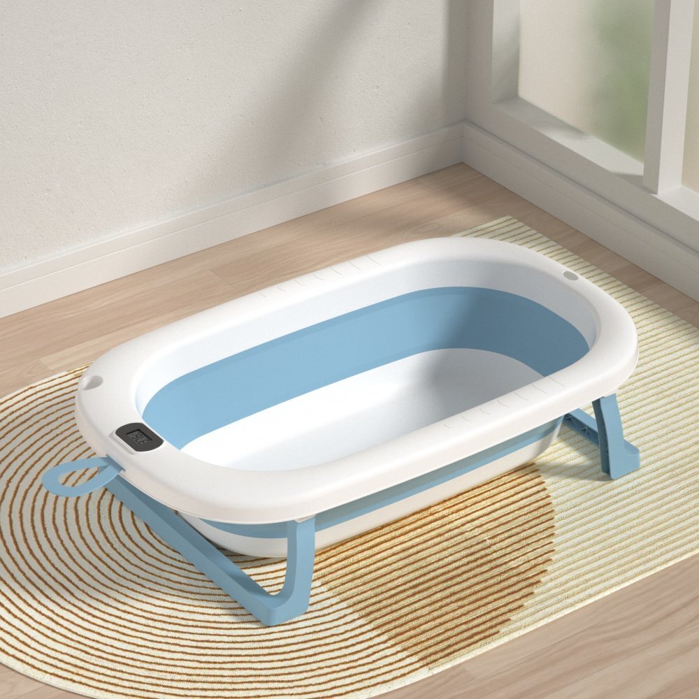 Bebe Royal Cadita pliabila pentru bebelusi Blue 76 cm cu termometru digital si dop de scurgere