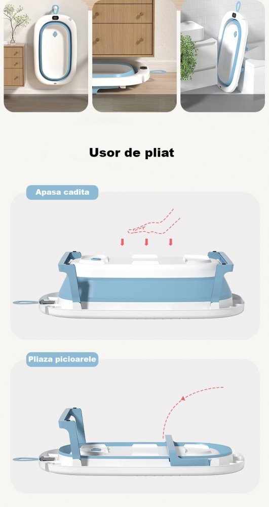 Bebe Royal Cadita pliabila pentru bebelusi Blue 76 cm cu termometru digital si dop de scurgere