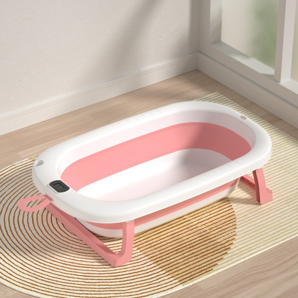 Bebe Royal Cadita pliabila pentru bebelusi Roz 76 cm cu termometru digital si dop de scurgere