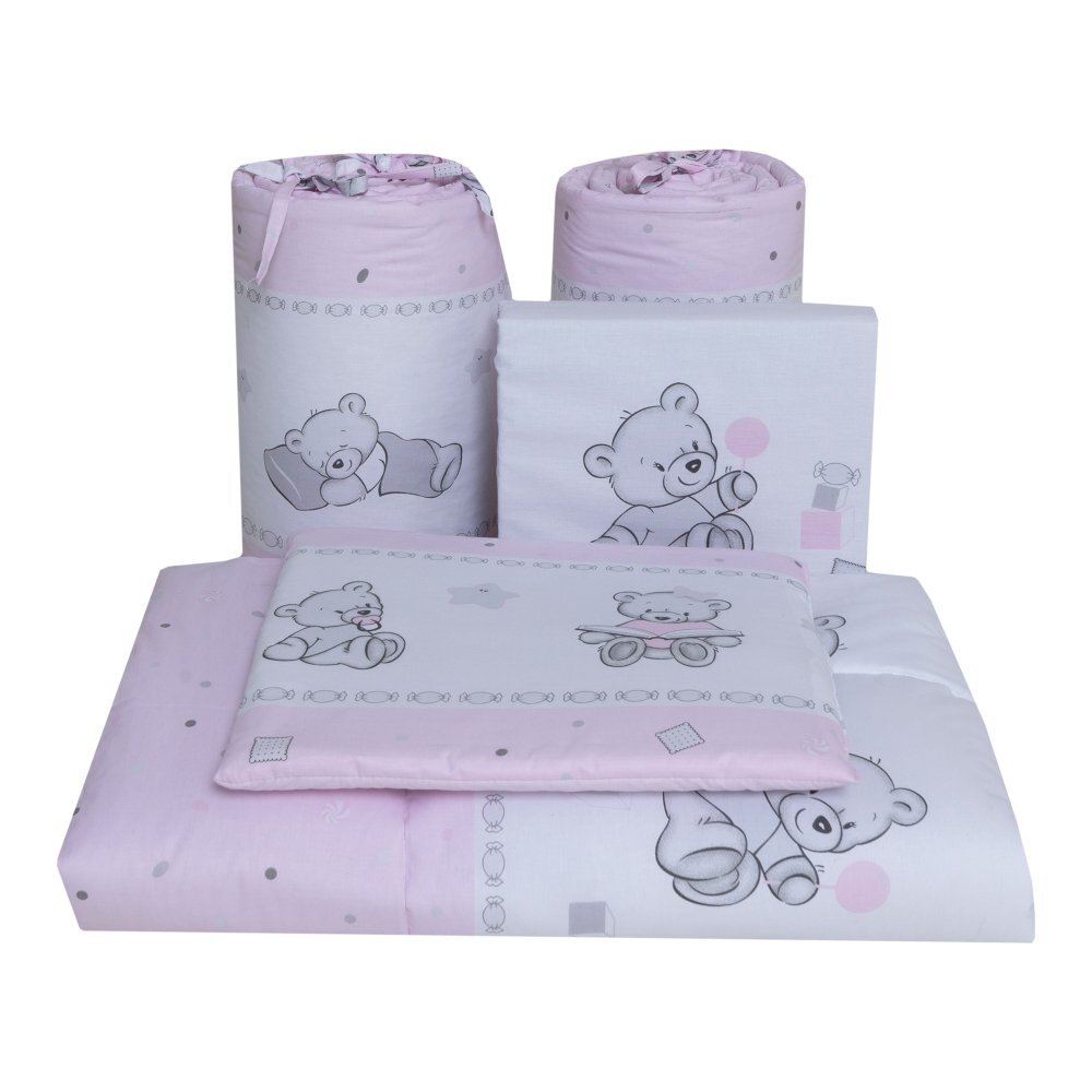 Bebe Royal Lenjerie din bumbac cu 4 piese pentru saltea 140x70 cm Beberoyal BearsToys Roz