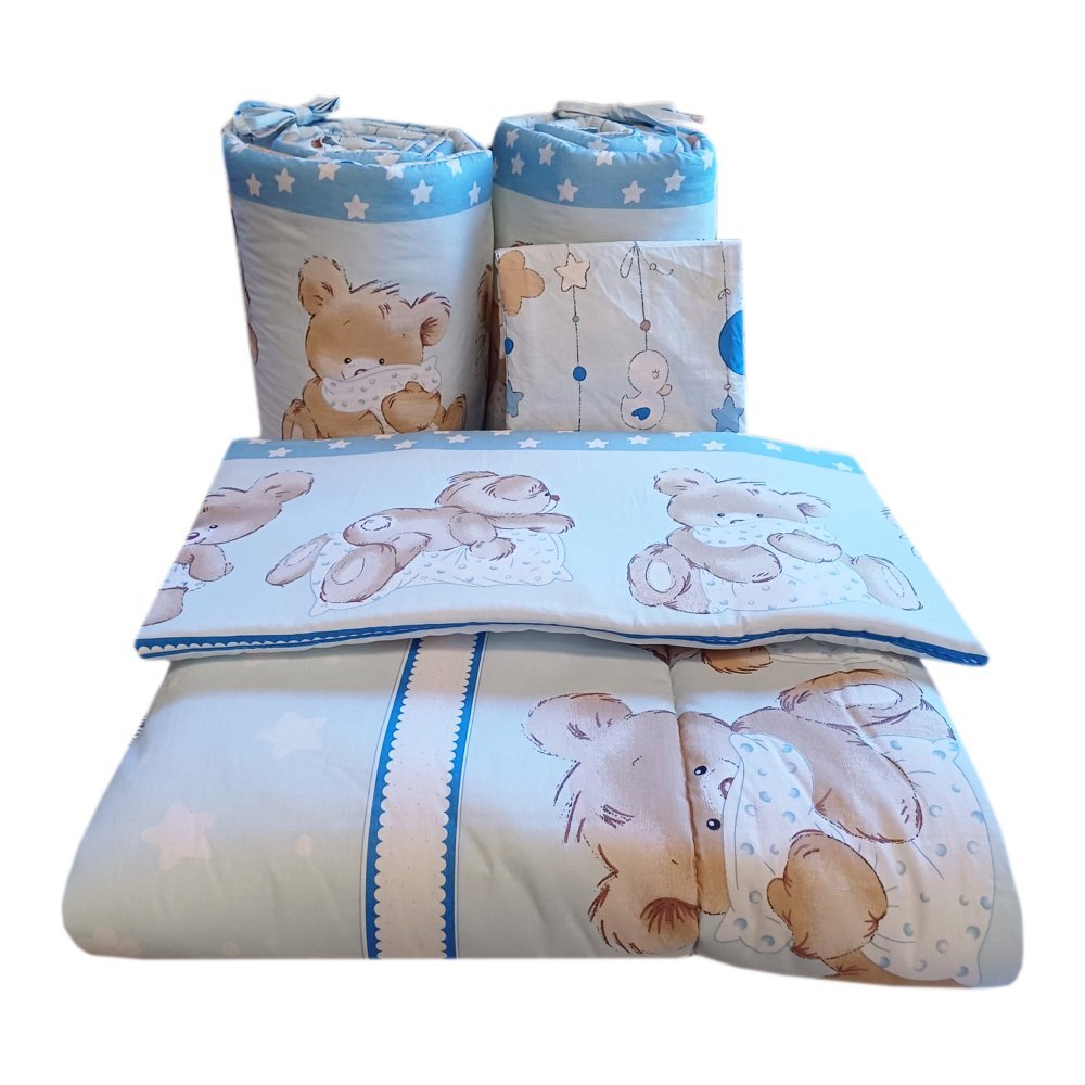 Bebe Royal Lenjerie din bumbac cu 5 piese pentru saltea 140x70 cm Beberoyal BearsRabbit Albastru