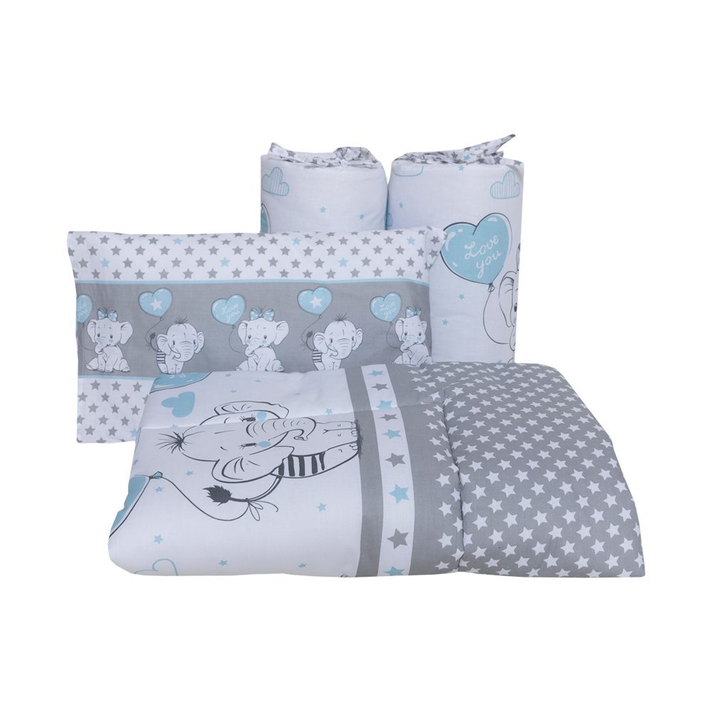 Bebe Royal Lenjerie din bumbac cu 6 piese pentru saltea 120x60 cm Beberoyal Love Elephants Blue