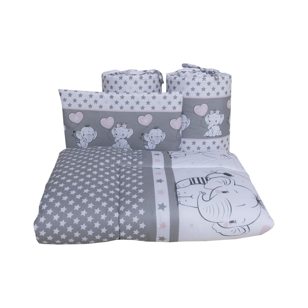Bebe Royal Lenjerie din bumbac cu 6 piese pentru saltea 120x60 cm Beberoyal Love Elephants Roz