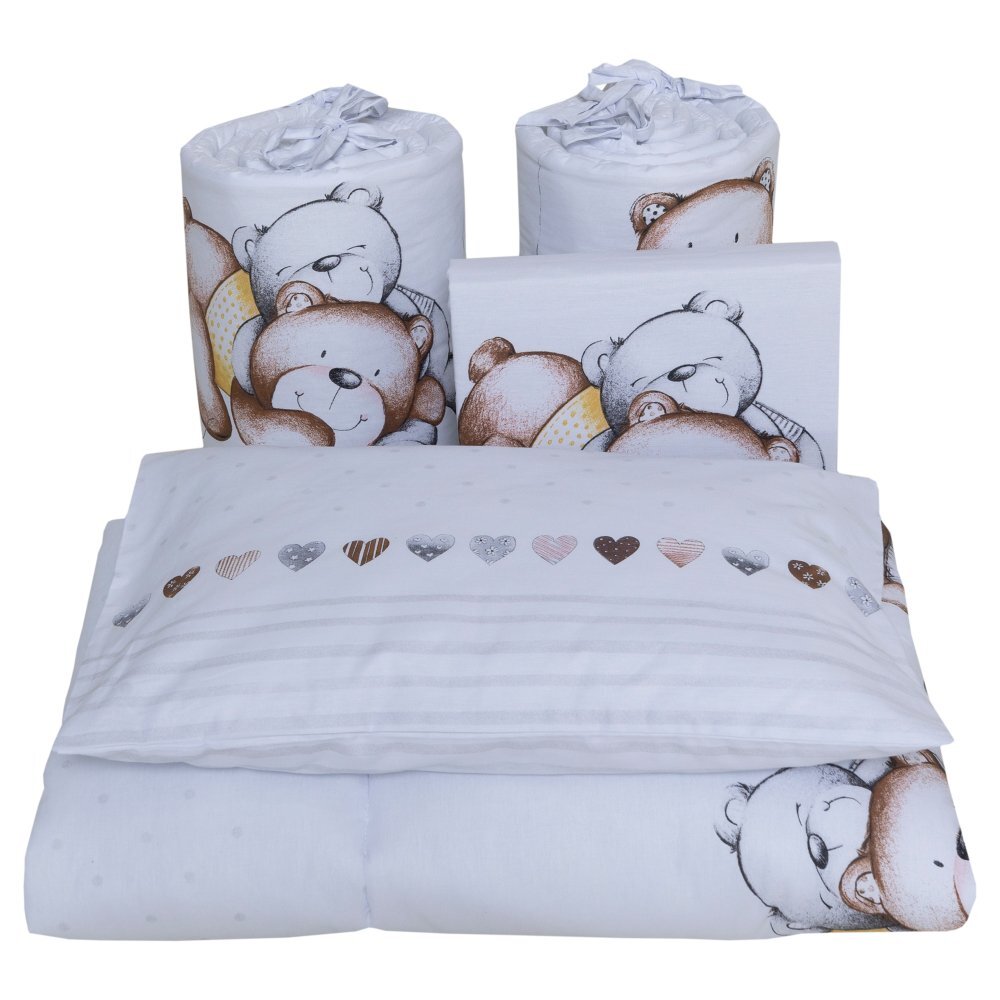 Bebe Royal Lenjerie din bumbac cu 8 piese pentru saltea 120x60 cm Beberoyal Teddy BearHearts Alb