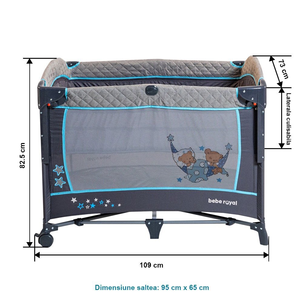 Bebe Royal Patut pliabil cu 2 nivele si laterala culisanta Dreaming Bear albastru