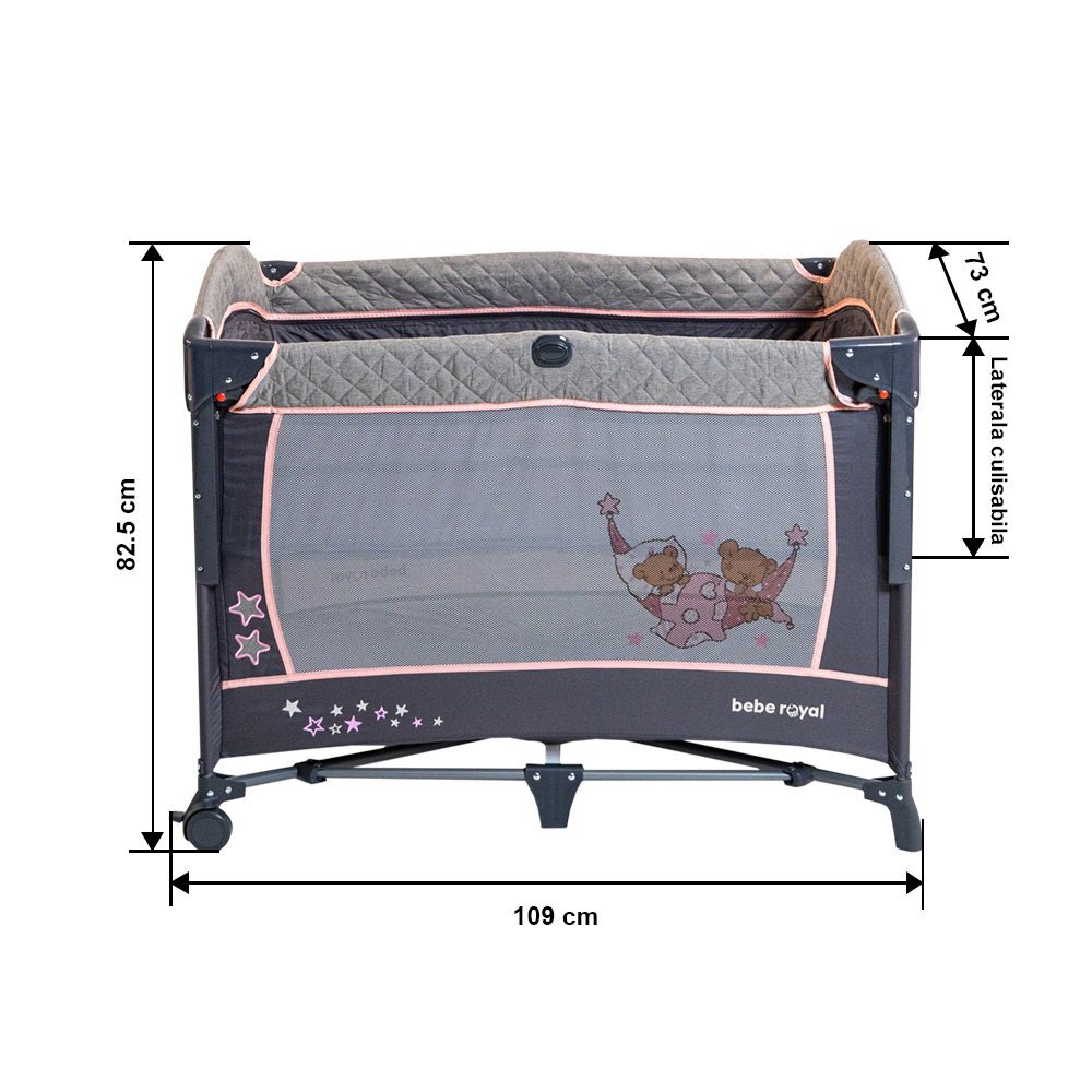 Bebe Royal Patut pliabil cu 2 nivele si laterala culisanta Dreaming Bear roz