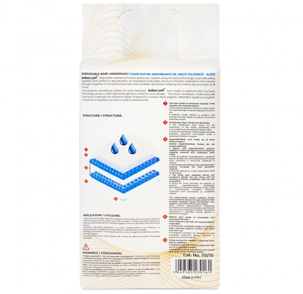 Bebe Royal Set 10 aleze Beberoyal Premium 60x40 cm impermeabile absorbtie 1050 ml fixare autoadeziva 6 straturi