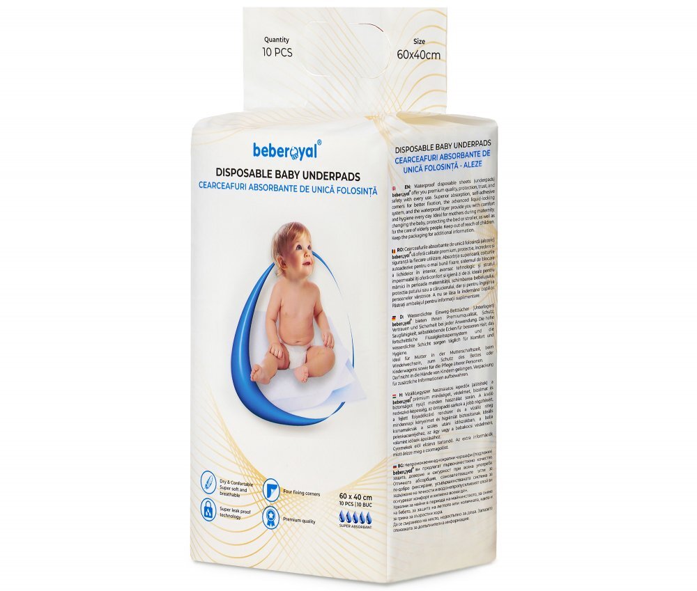 Bebe Royal Set 10 aleze Beberoyal Premium 60x40 cm impermeabile absorbtie 1050 ml fixare autoadeziva 6 straturi