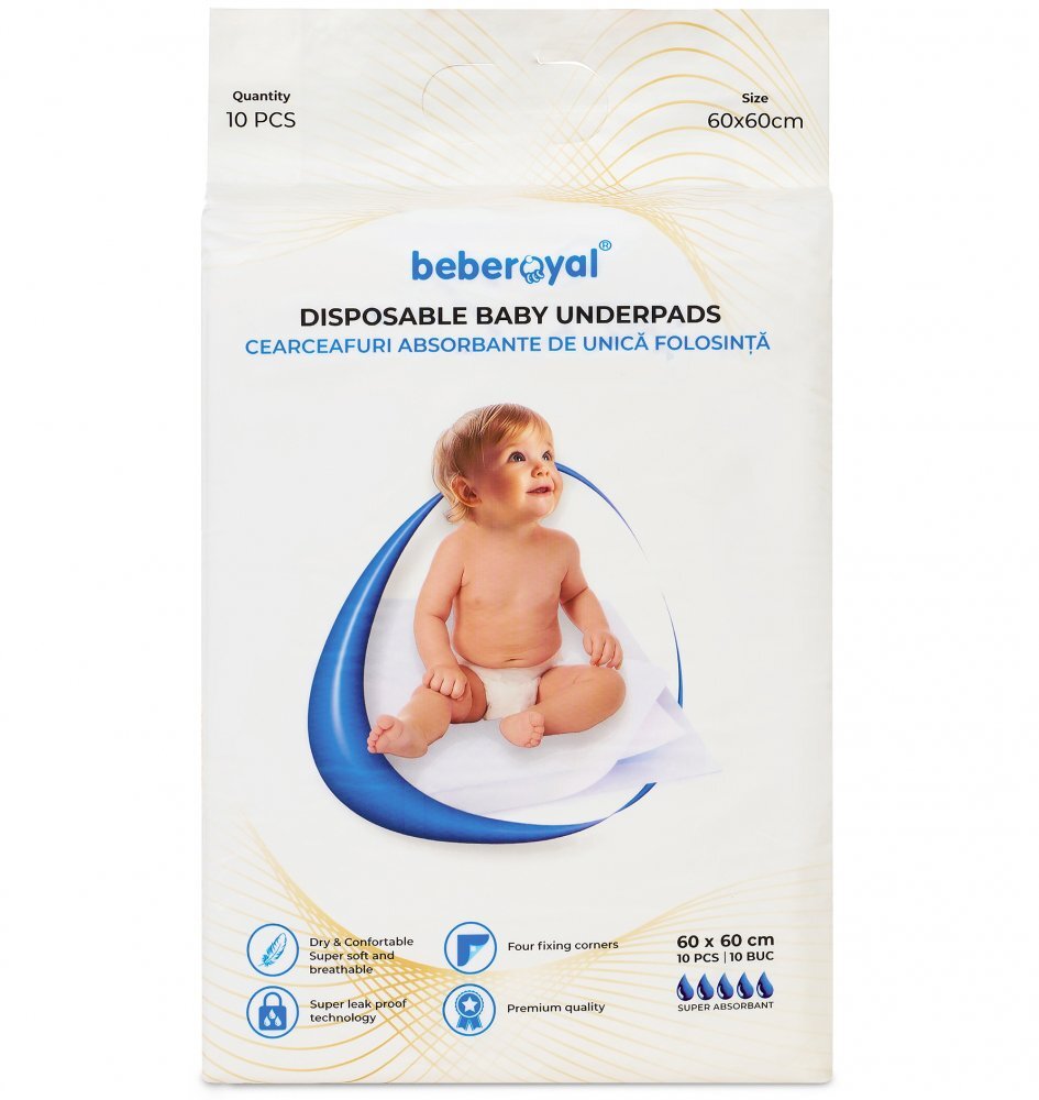 Bebe Royal Set 10 aleze Beberoyal Premium 60x60 cm impermeabile absorbtie 1500 ml fixare autoadeziva 6 straturi
