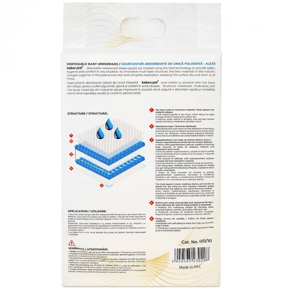 Bebe Royal Set 10 aleze Beberoyal Premium 60x90 cm impermeabile absorbtie 2300 ml fixare autoadeziva 6 straturi
