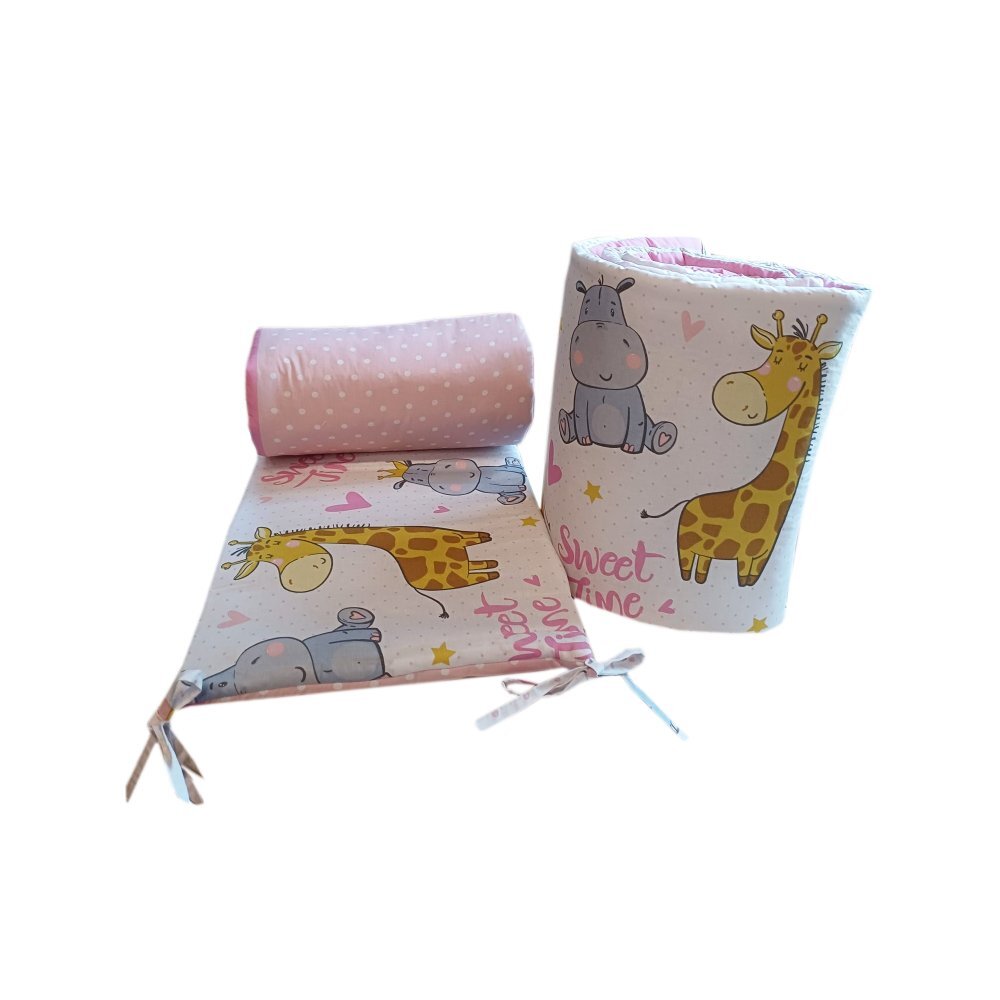 Bebe Royal Set 2 aparatori laterale din bumbac pentru patut 120x60 cm Beberoyal HippoGiraffe Roz