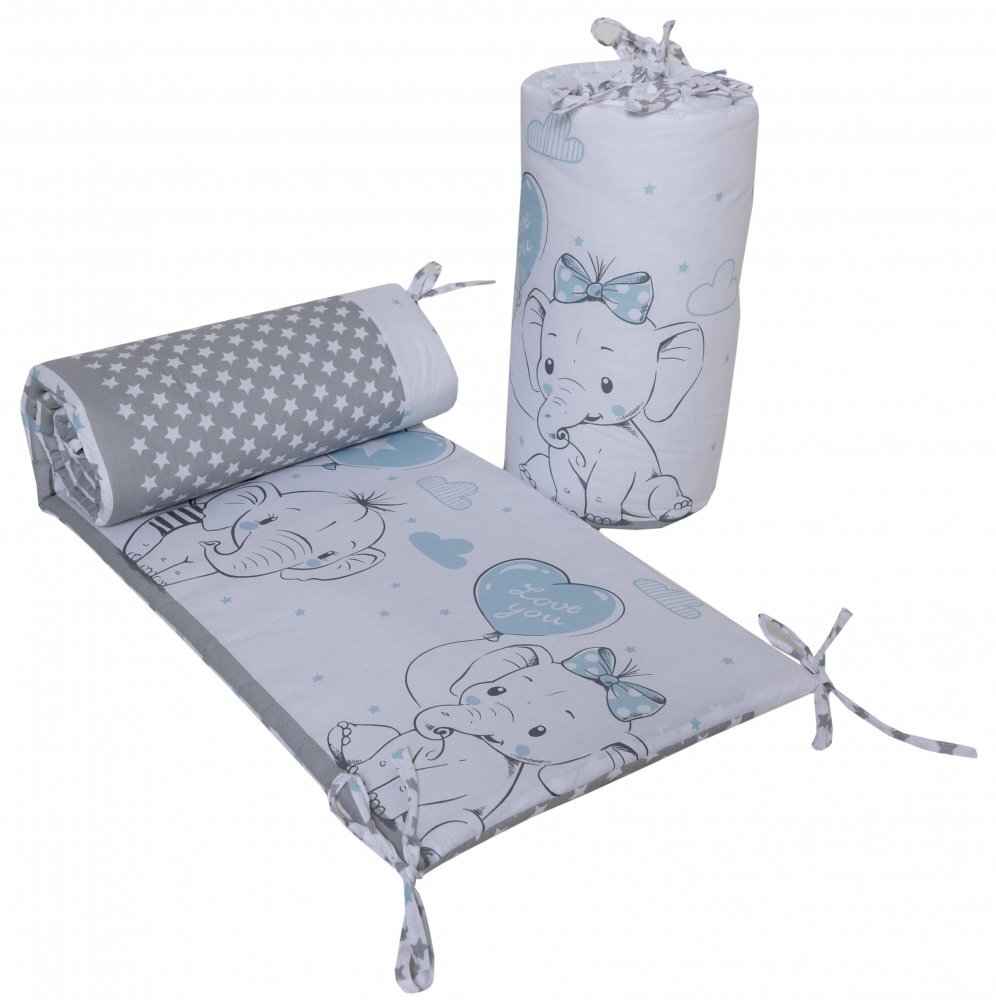 Bebe Royal Set 2 aparatori laterale din bumbac pentru patut 120x60 cm Beberoyal Love Elephants Blue