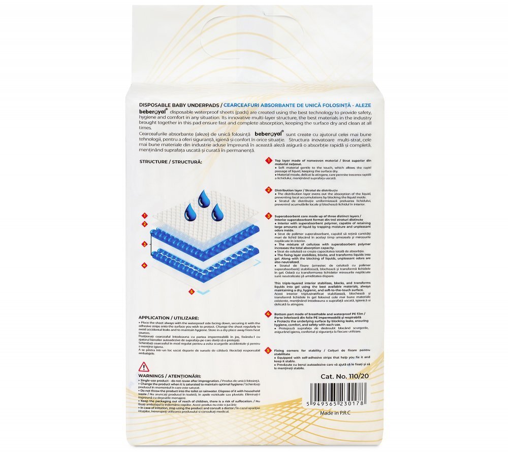 Bebe Royal Set 20 aleze Beberoyal Premium 60x40 cm impermeabile absorbtie 1050 ml fixare autoadeziva 6 straturi