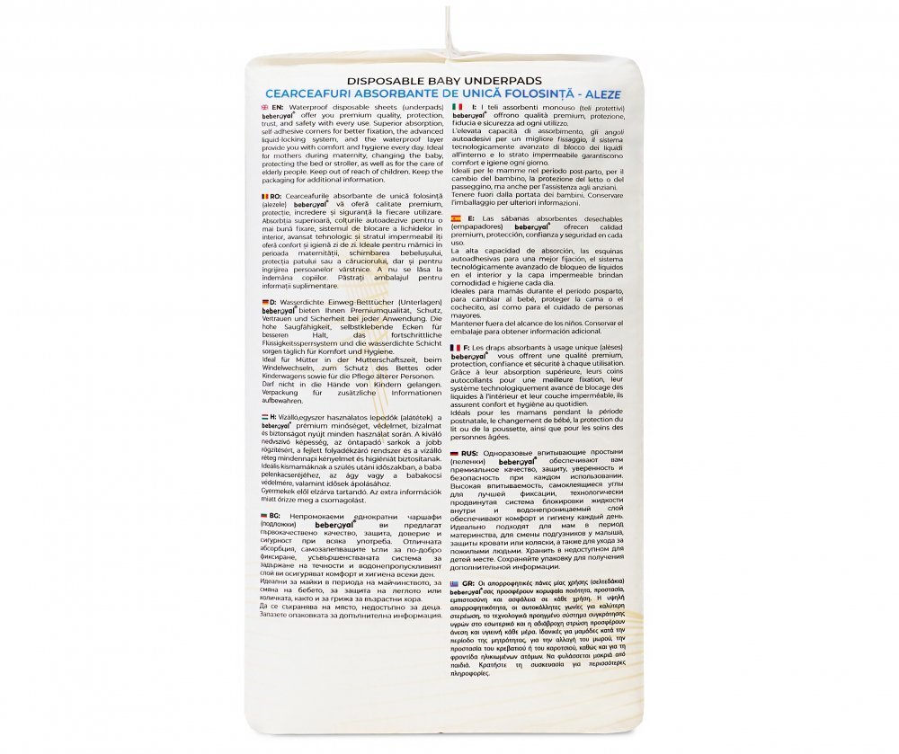 Bebe Royal Set 20 aleze Beberoyal Premium 60x40 cm impermeabile absorbtie 1050 ml fixare autoadeziva 6 straturi
