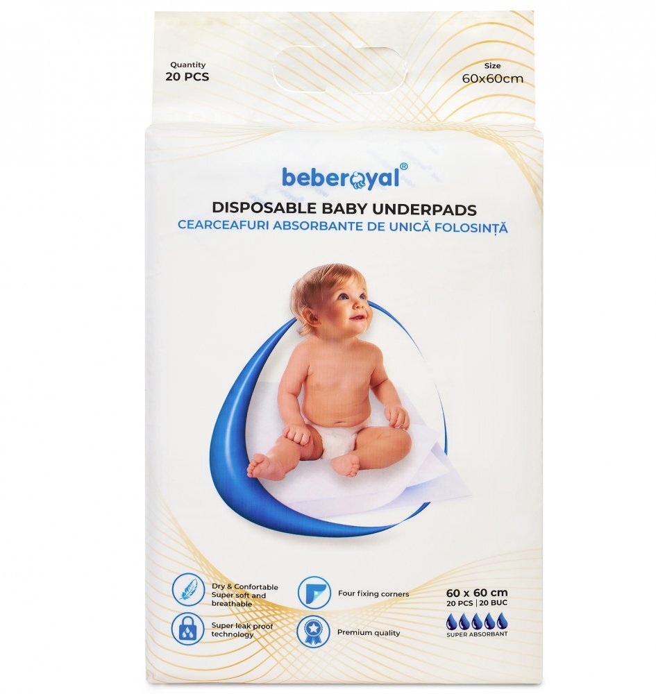 Bebe Royal Set 20 aleze Beberoyal Premium 60x60 cm impermeabile absorbtie 1500 ml fixare autoadeziva 6 straturi