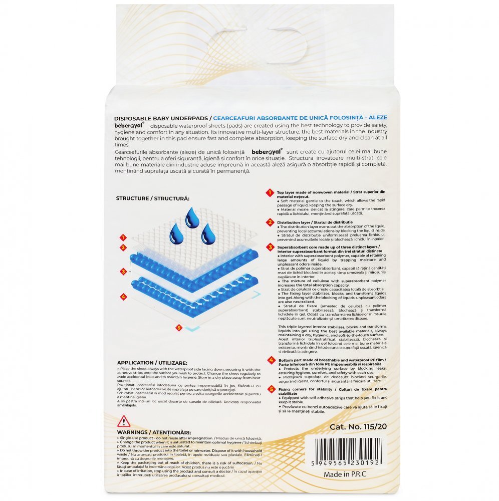 Bebe Royal Set 20 aleze Beberoyal Premium 60x60 cm impermeabile absorbtie 1500 ml fixare autoadeziva 6 straturi