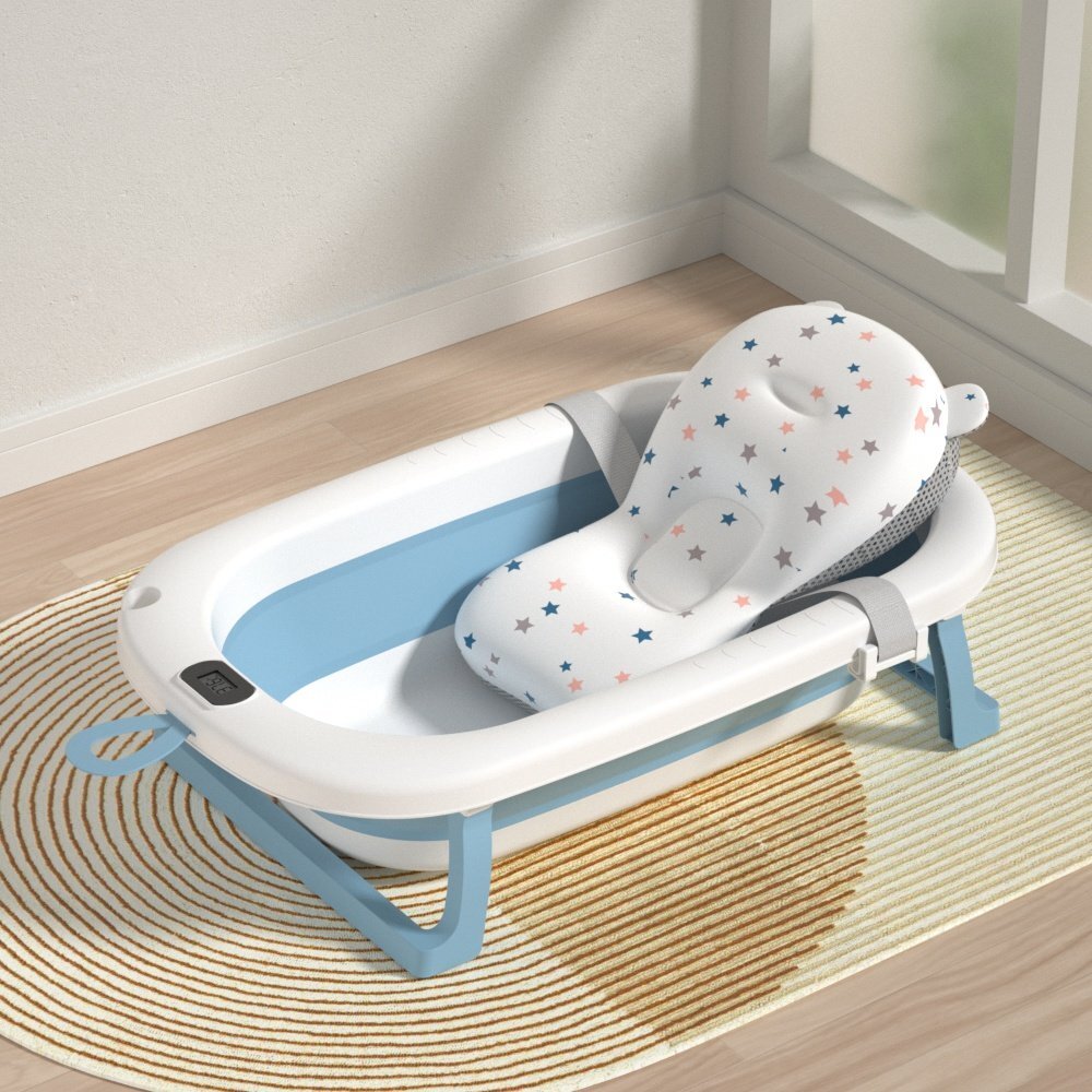 Bebe Royal Set cadita pliabila 76 cm Beberoyal Bleu cu termometru digital dop de scurgere si suport textil universal