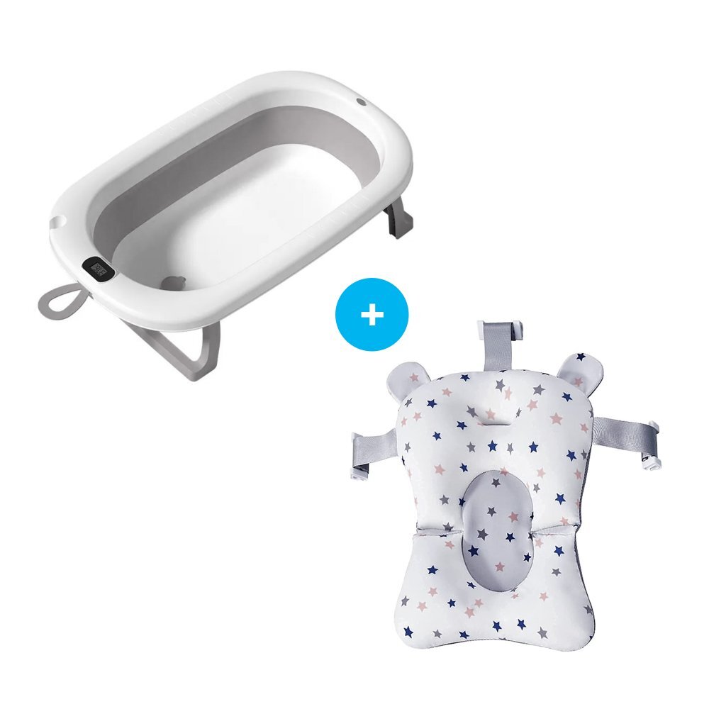 Bebe Royal Set cadita pliabila 76 cm Beberoyal Gri cu termometru digital dop de scurgere si suport textil universal