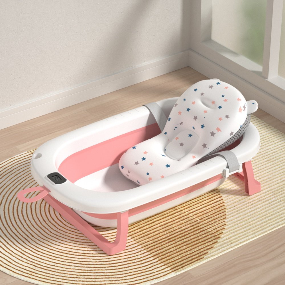 Bebe Royal Set cadita pliabila 76 cm Beberoyal Roz cu termometru digital dop de scurgere si suport textil universal