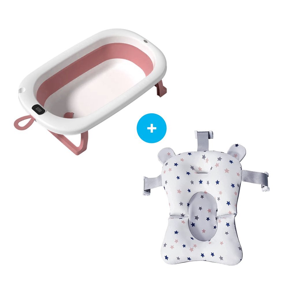 Bebe Royal Set cadita pliabila 76 cm Beberoyal Roz cu termometru digital dop de scurgere si suport textil universal