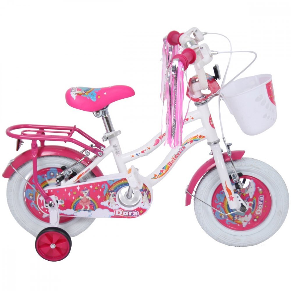 Belderia Bicicleta pentru copii Dora Alb 2-4 ani roti 12 inch roti ajutatoare si frane V-Brake cosulet si portbagaj