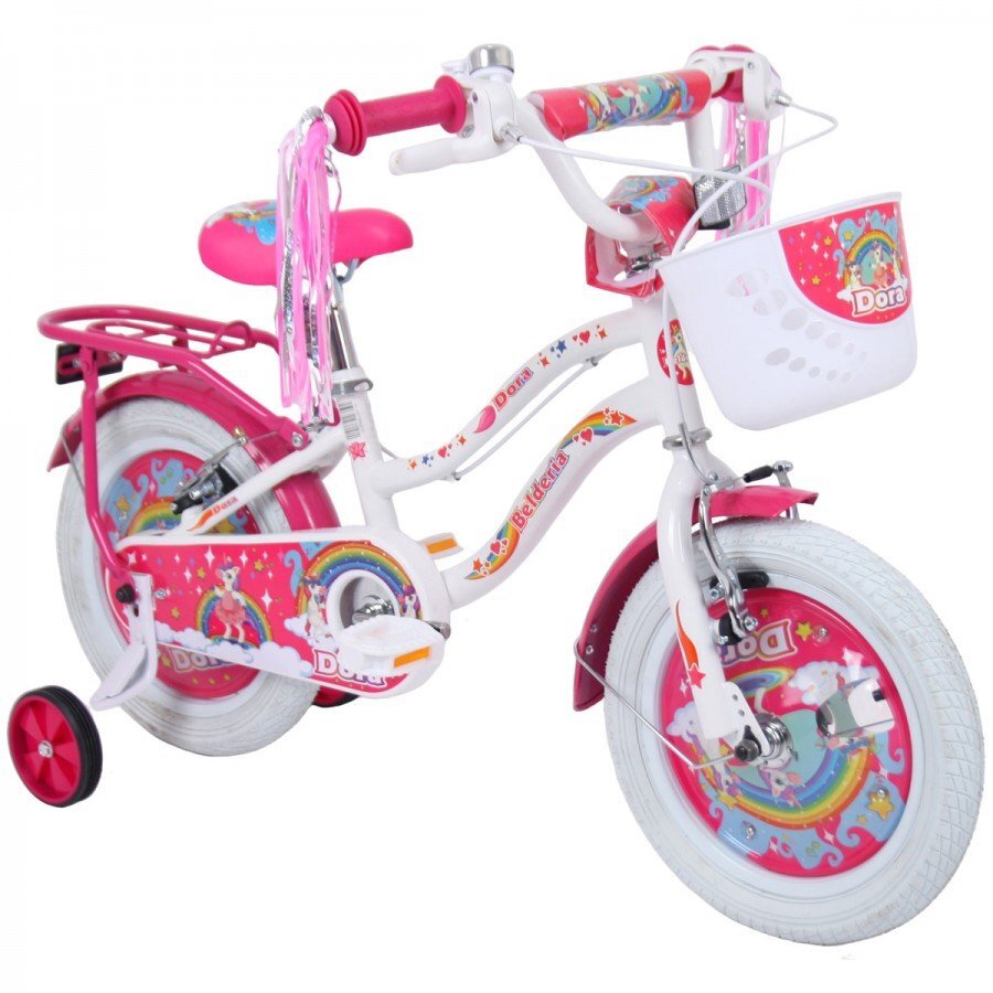 Belderia Bicicleta pentru copii Dora Alb 2-4 ani roti 12 inch roti ajutatoare si frane V-Brake cosulet si portbagaj