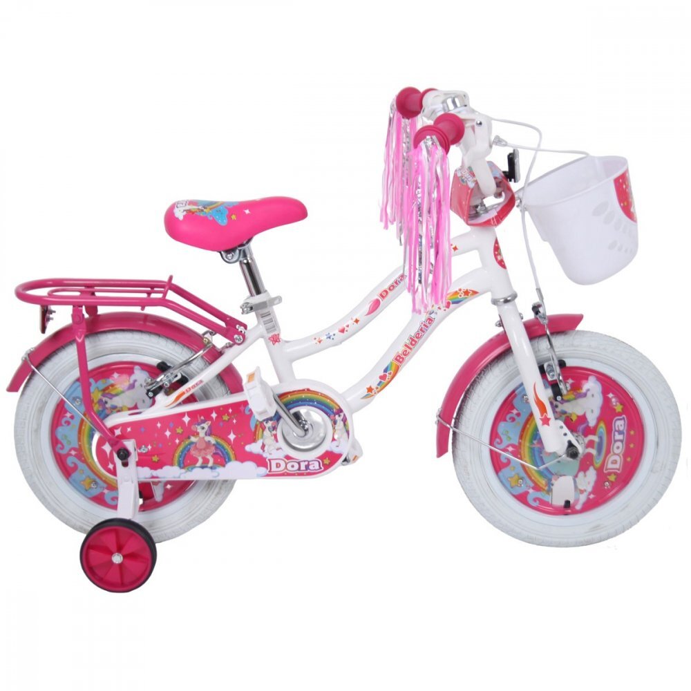 Belderia Bicicleta pentru copii Dora Alb 5-8 ani roti 16 inch roti ajutatoare si frane V-Brake cosulet si portbagaj