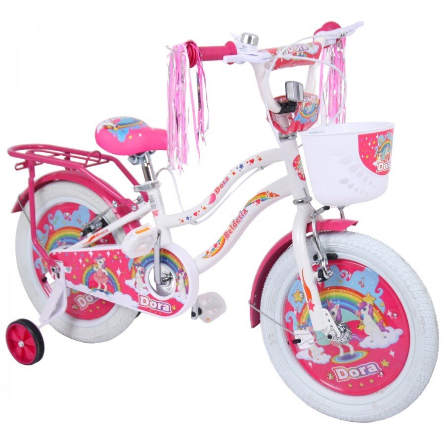 Belderia Bicicleta pentru copii Dora Alb 5-8 ani roti 16 inch roti ajutatoare si frane V-Brake cosulet si portbagaj