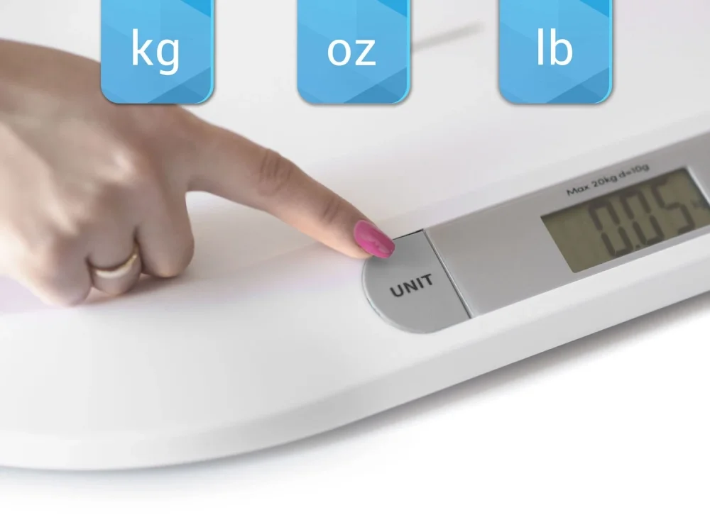 Berdsen Cantar electronic pentru bebelusi Alb cu unitati de masura multipleecran LCDcapacitate maxima 20kgforma ergonomicfunctie Hold indicator baterie descarcata