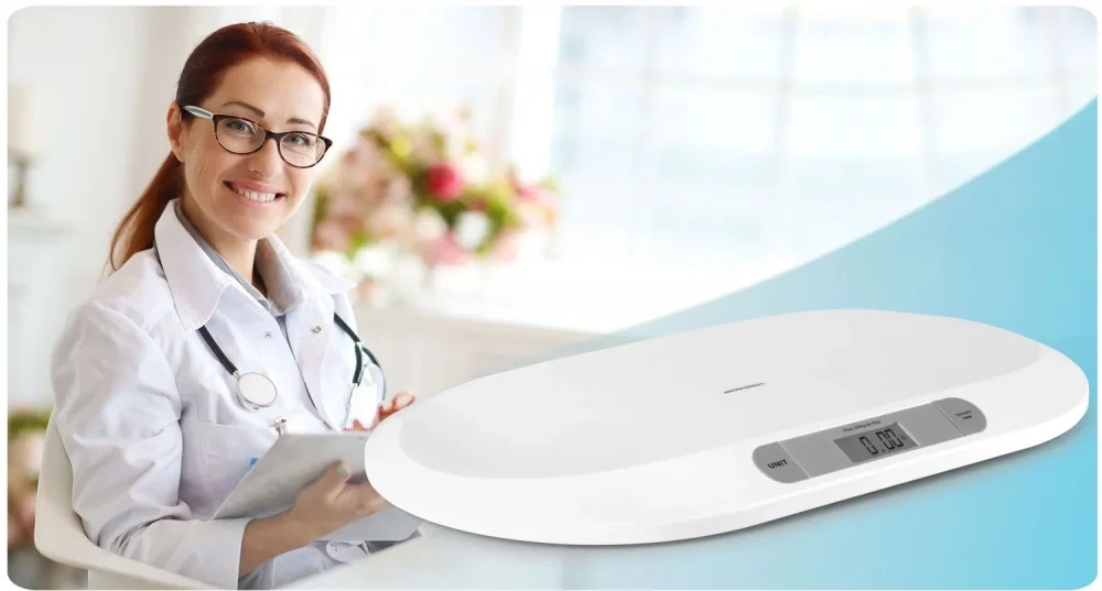 Berdsen Cantar electronic pentru bebelusi Alb cu unitati de masura multipleecran LCDcapacitate maxima 20kgforma ergonomicfunctie Hold indicator baterie descarcata