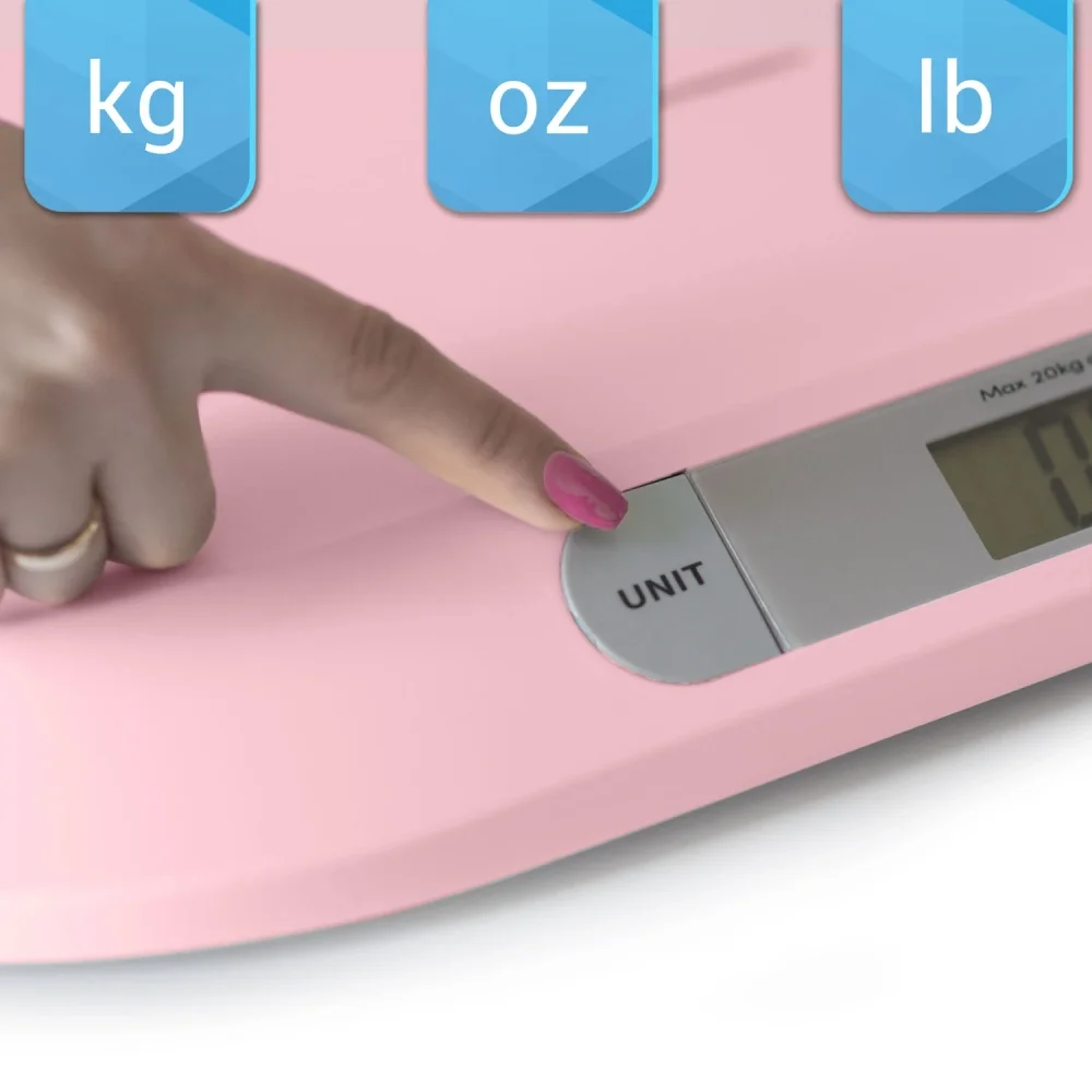 Berdsen Cantar electronic pentru bebelusi Roz cu unitati de masura multipleecran LCDcapacitate maxima 20kgforma ergonomicfunctie Hold indicator baterie descarcata