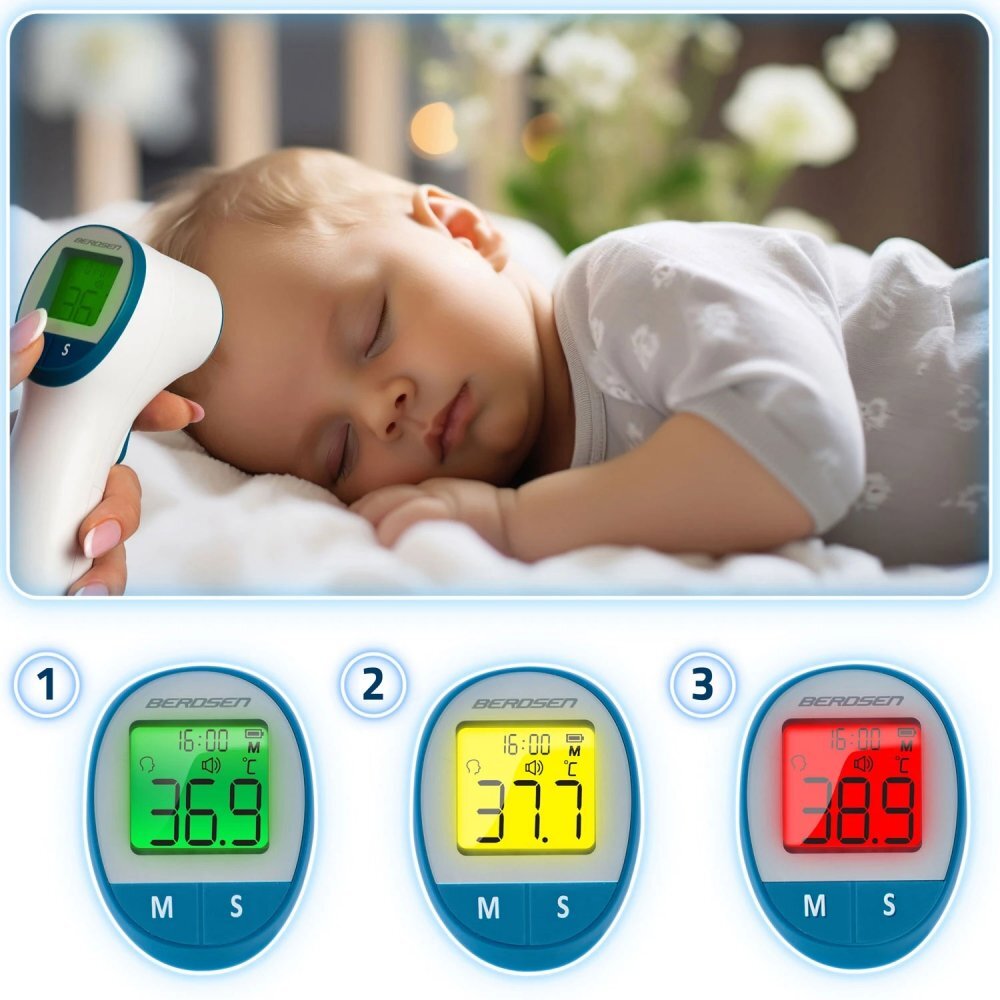Berdsen Termometru Non contact cu Infrarosu Albafisaj al temperaturii in trei culoriafisaj LCD usor de cititavertizare audiomaner ergonomicTimp de masurare-1 secundaMemorie 30 de masuratori cu inregistrare data si ora