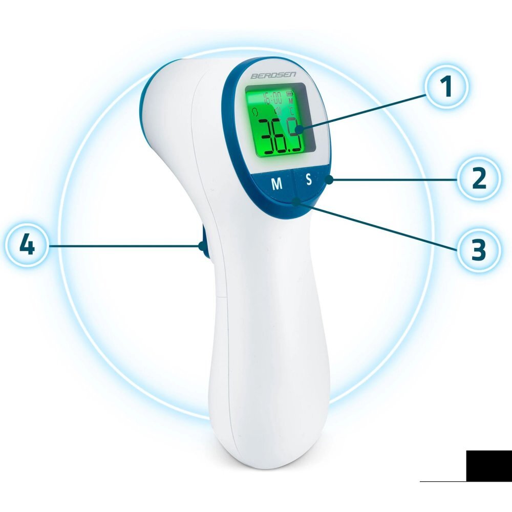 Berdsen Termometru Non contact cu Infrarosu Albafisaj al temperaturii in trei culoriafisaj LCD usor de cititavertizare audiomaner ergonomicTimp de masurare-1 secundaMemorie 30 de masuratori cu inregistrare data si ora