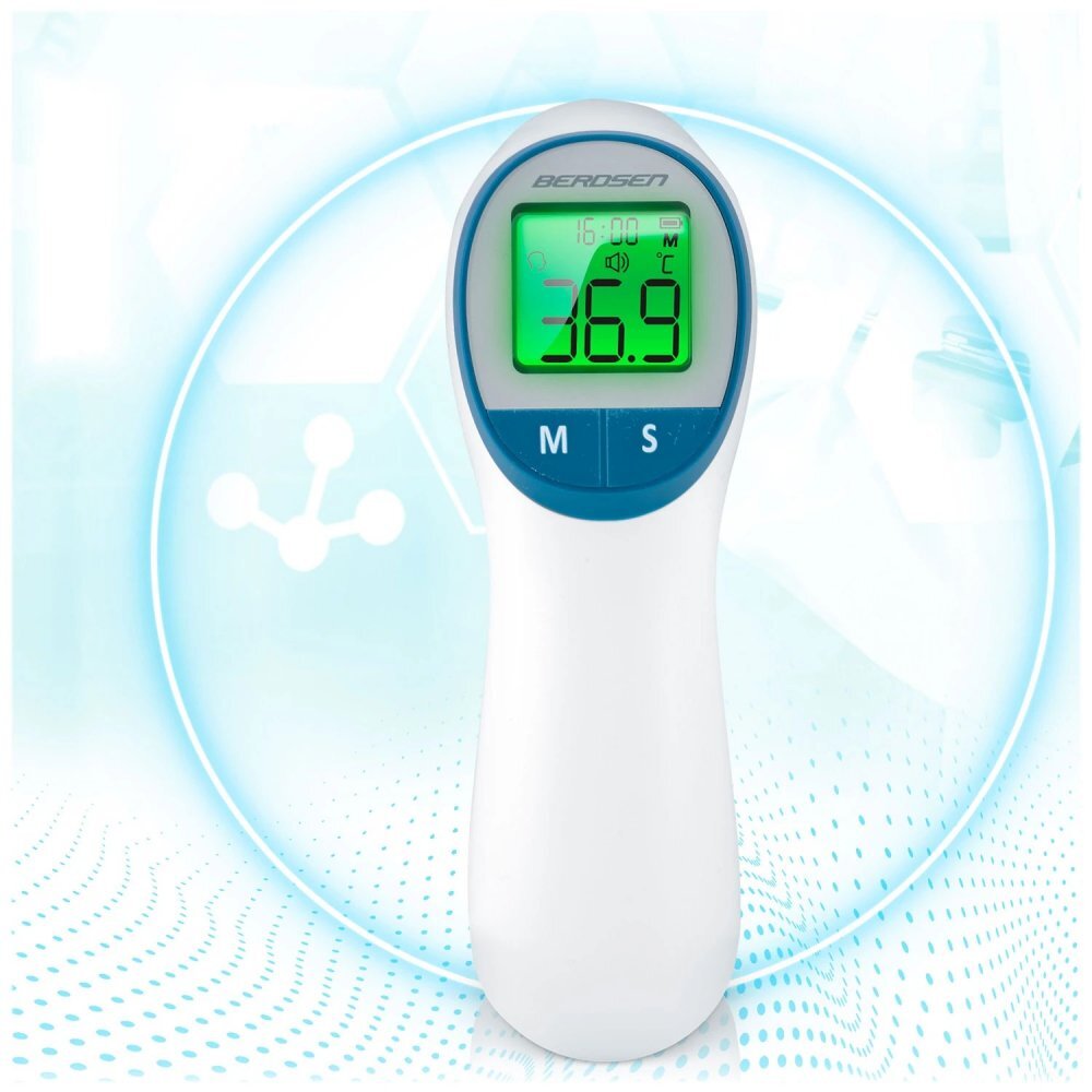Berdsen Termometru Non contact cu Infrarosu Albafisaj al temperaturii in trei culoriafisaj LCD usor de cititavertizare audiomaner ergonomicTimp de masurare-1 secundaMemorie 30 de masuratori cu inregistrare data si ora