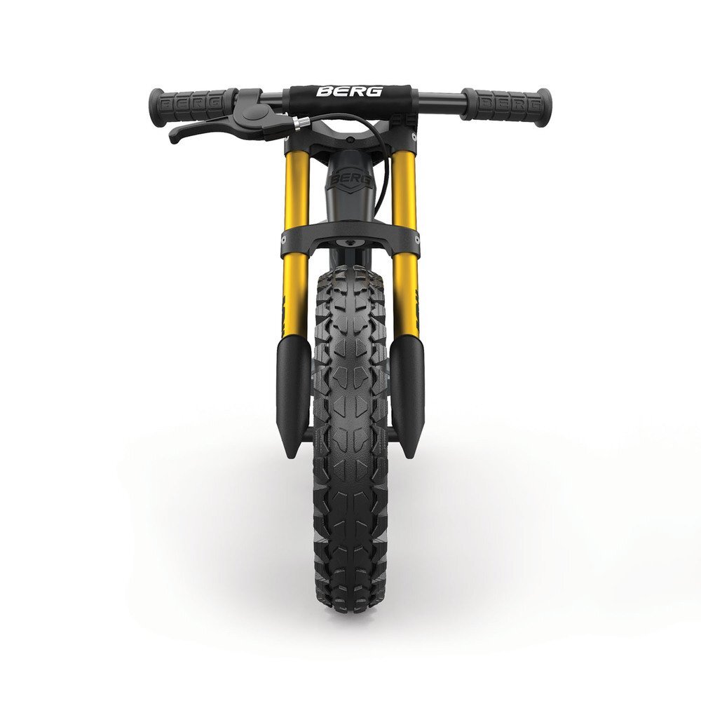 BERG TOYS Bicicleta copii fara pedale Berg Biky Cross gri cu frana de mana sa reglabila pe inaltime minim 32-maxim 45 cm varsta 25-5 ani inaltime utilizator 90-120 cm greutate maxima utilizator 30 kg roti pneumatice