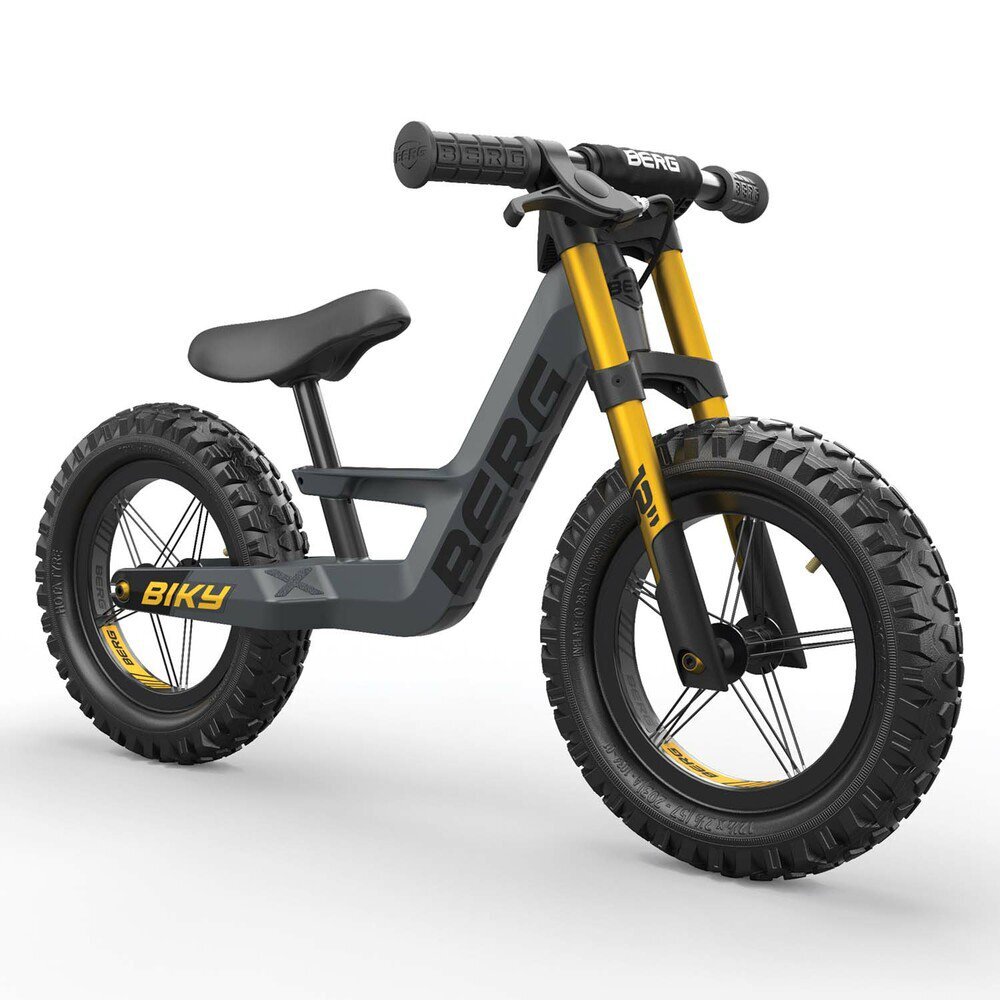 BERG TOYS Bicicleta copii fara pedale Berg Biky Cross gri cu frana de mana sa reglabila pe inaltime minim 32-maxim 45 cm varsta 25-5 ani inaltime utilizator 90-120 cm greutate maxima utilizator 30 kg roti pneumatice