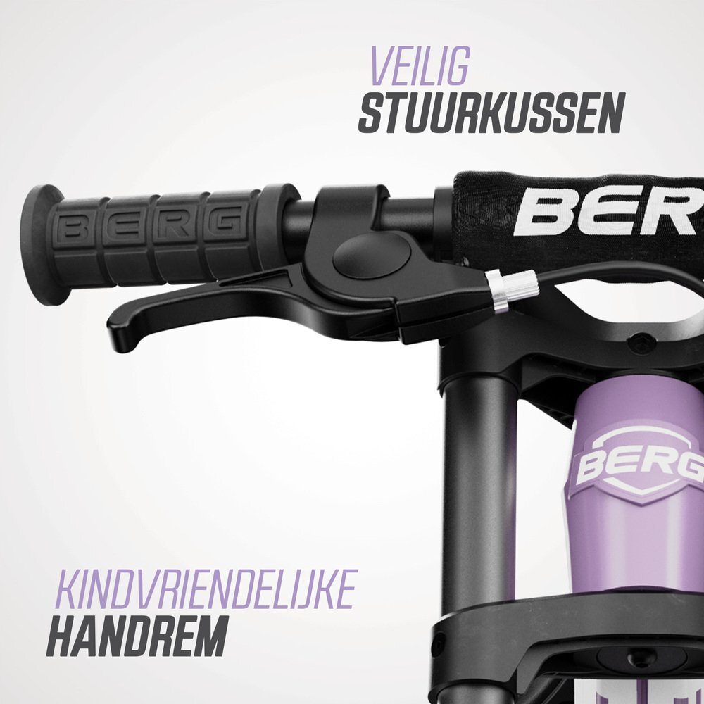 BERG TOYS Bicicleta copii fara pedale Berg Biky Cross mov 12 inch cu frana de mana anvelope pneumatice scaun reglabil pe inaltime varsta 25-5 ani inaltime utilizator 90-120 cm greutate maxima utilizator 30 kg
