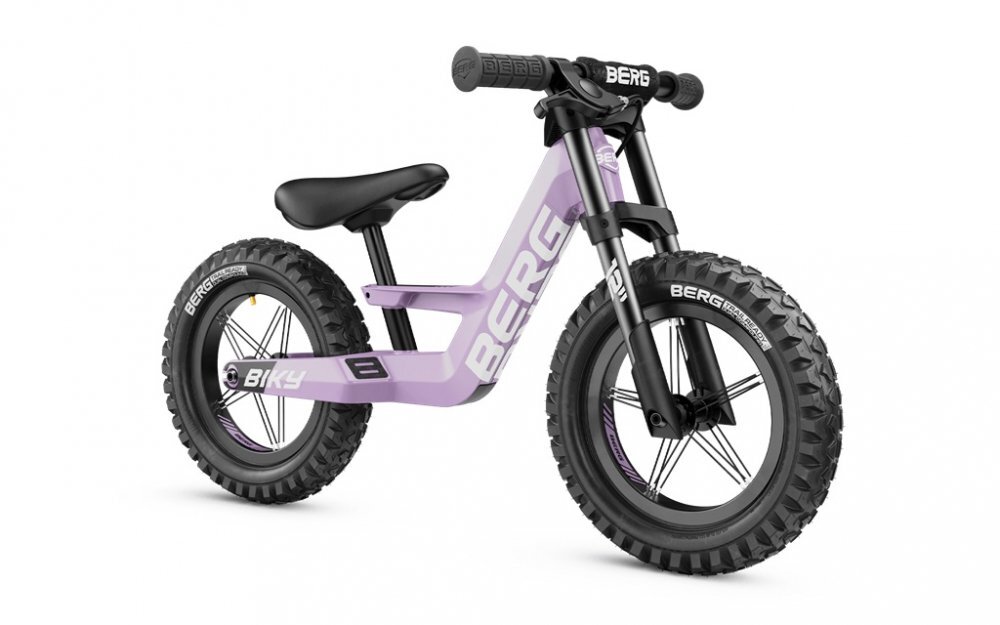 BERG TOYS Bicicleta copii fara pedale Berg Biky Cross mov 12 inch cu frana de mana anvelope pneumatice scaun reglabil pe inaltime varsta 25-5 ani inaltime utilizator 90-120 cm greutate maxima utilizator 30 kg