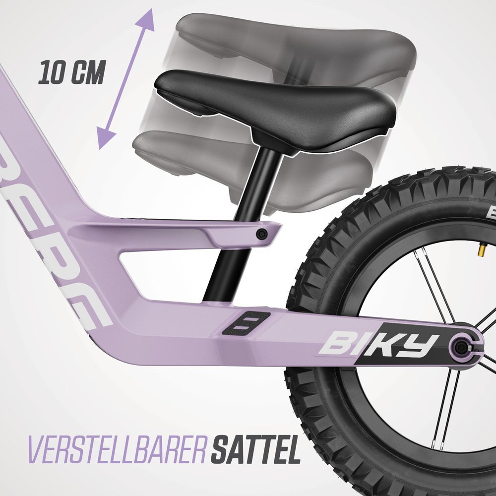 BERG TOYS Bicicleta copii fara pedale Berg Biky Cross mov 12 inch cu frana de mana anvelope pneumatice scaun reglabil pe inaltime varsta 25-5 ani inaltime utilizator 90-120 cm greutate maxima utilizator 30 kg