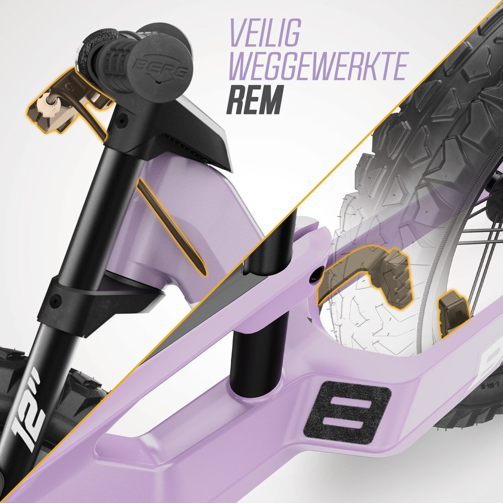 BERG TOYS Bicicleta copii fara pedale Berg Biky Cross mov 12 inch cu frana de mana anvelope pneumatice scaun reglabil pe inaltime varsta 25-5 ani inaltime utilizator 90-120 cm greutate maxima utilizator 30 kg