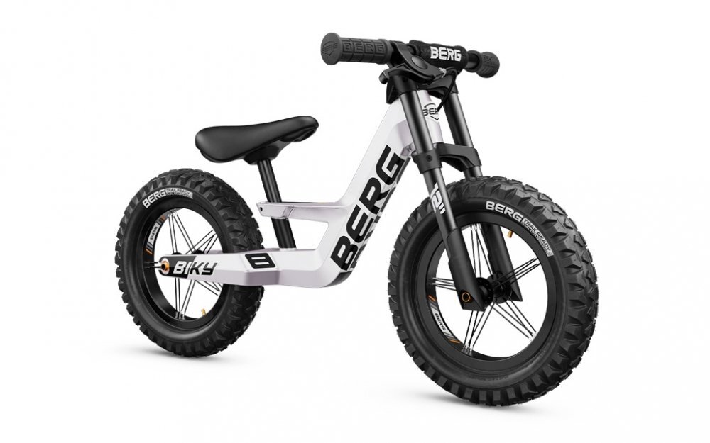 BERG TOYS Bicicleta copii fara pedale Berg Biky Cross White 12 inch cu frana de mana anvelope pneumatice scaun reglabil pe inaltime varsta 25-5 ani inaltime utilizator 90-120 cm greutate maxima utilizator 30 kg