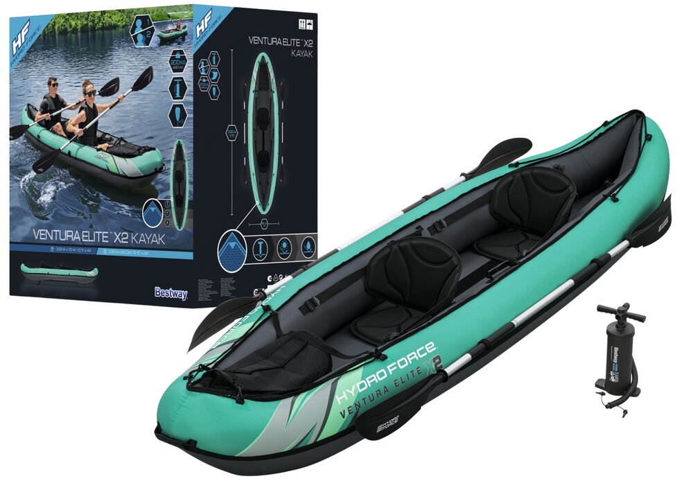 BESTWAY Caiac gonflabil din vinil pentru 2 persoane dimensiune 330 x 86 cm sustine pana la 200 kg include vasle pompa manuala o geanta de depozitare detasabila doua spatare reglabile si manere de transport