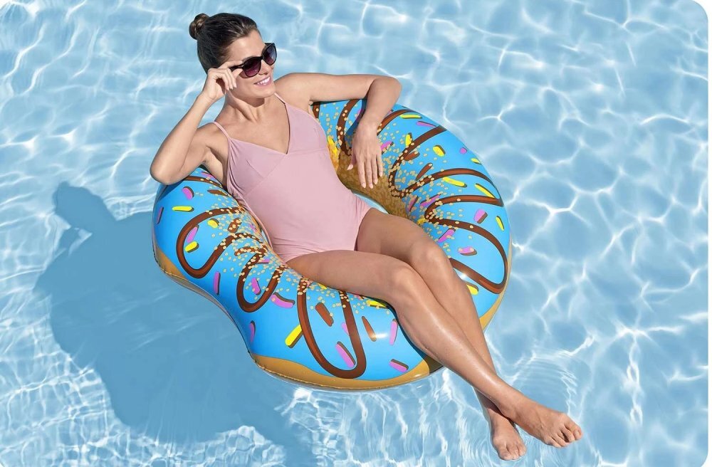 BESTWAY Colac gonflabil Donut Albastru diametru 107 cm pentru copii peste 12 ani Material PVC durabil rezistent la soare si apa sarata Kit de reparatie inclus