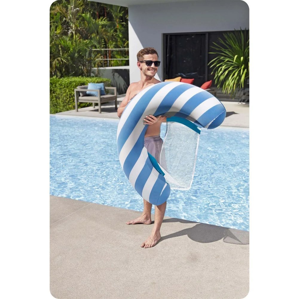 BESTWAY Fotoliu gonflabil pentru inot Comfort Plush AlbastruAlb cu sezut din plasa cu uscare rapida Material PVC rezistent cu suprafata din catifea Greutate admisa 100kg