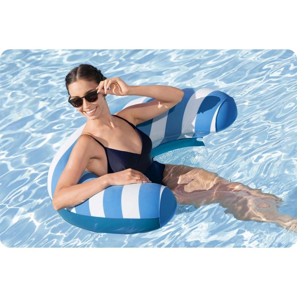 BESTWAY Fotoliu gonflabil pentru inot Comfort Plush AlbastruAlb cu sezut din plasa cu uscare rapida Material PVC rezistent cu suprafata din catifea Greutate admisa 100kg