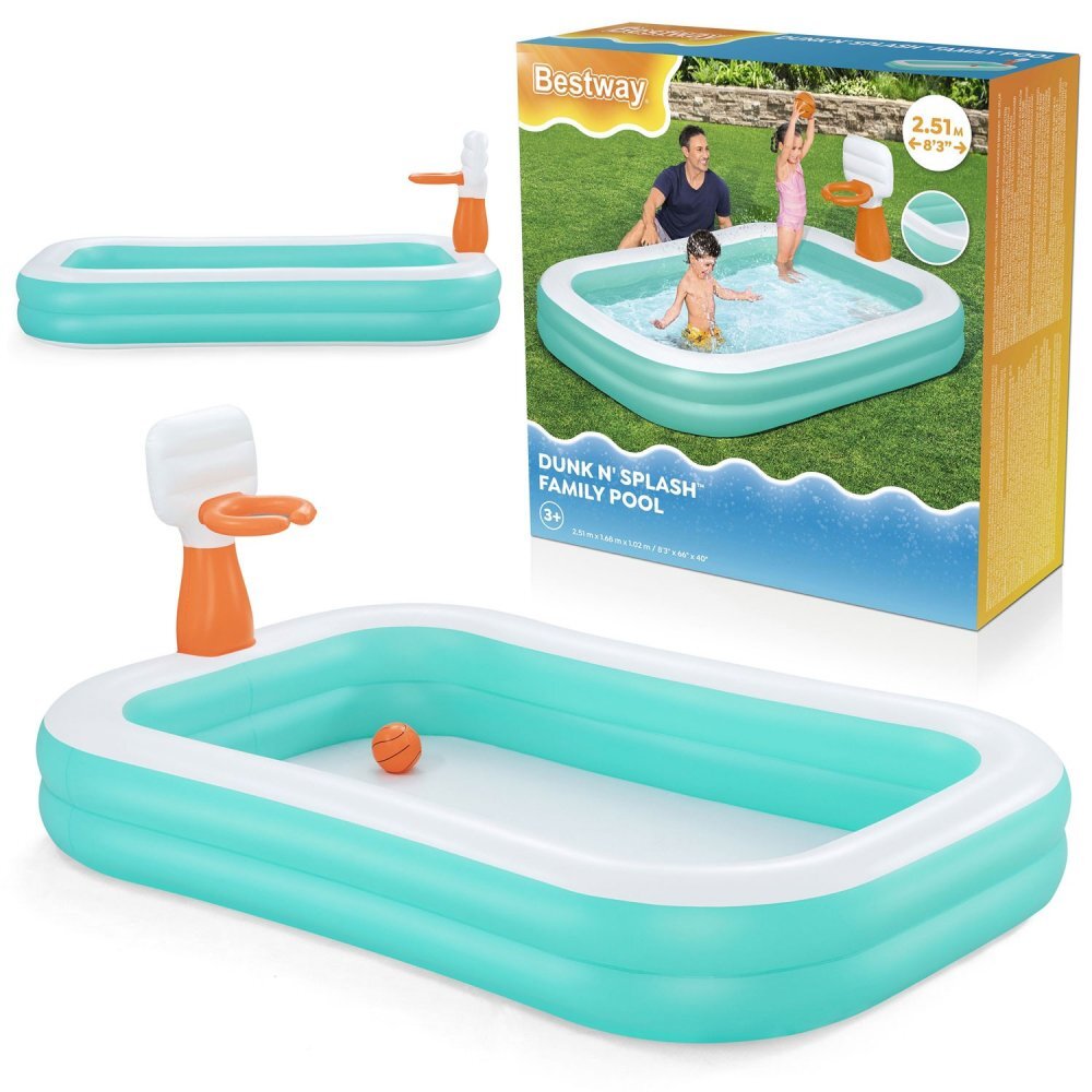 BESTWAY Piscina gonflabila DunkN Splash 251x168x102 cm cu cos de baschet si mingie incluse Albastru