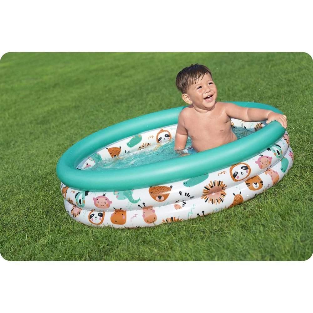 BESTWAY Piscina gonflabila pentru copii Funny Animals Blue Diametru 102x25 cm Material PVC rezistent Capacitate 101 litri Kit reparatie inclus