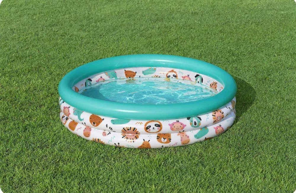 BESTWAY Piscina gonflabila pentru copii Funny Animals Blue Diametru 102x25 cm Material PVC rezistent Capacitate 101 litri Kit reparatie inclus